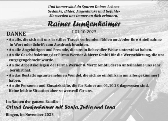 Traueranzeige von Rainer Lunkenheimer von Allgemeine Zeitung Bingen/Ingelheim