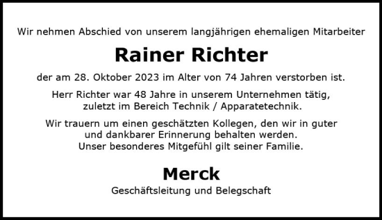 Traueranzeige von Rainer Richter von Darmstädter Echo