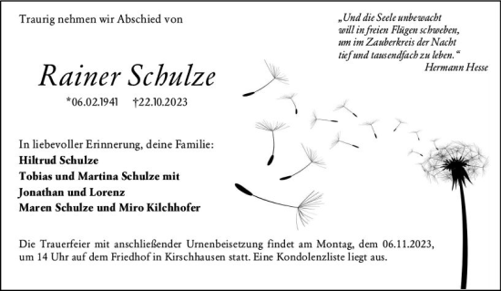 Traueranzeige von Rainer Schulze von Bergsträßer Anzeiger