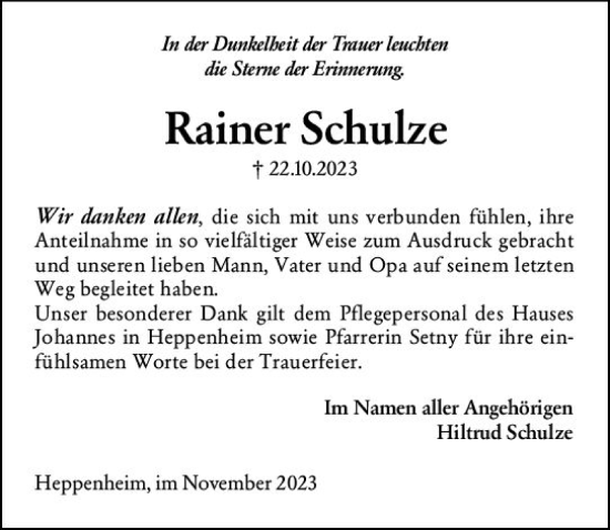 Traueranzeige von Rainer Schulze von Bergsträßer Anzeiger