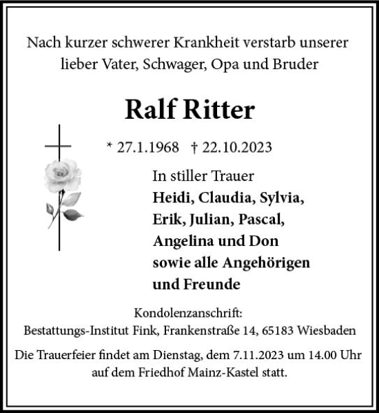 Traueranzeige von Ralf Ritter von Wiesbadener Kurier