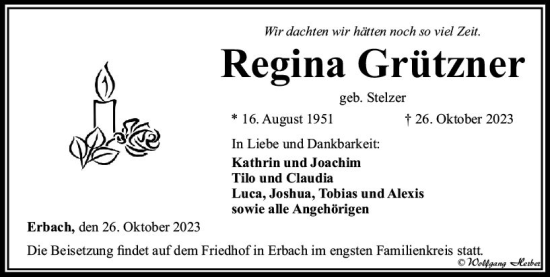 Traueranzeige von Regina Grützner von Camberger Anzeiger