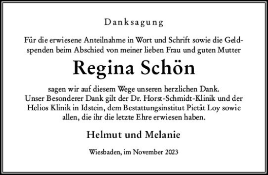 Traueranzeige von Regina Schön von Wiesbadener Kurier