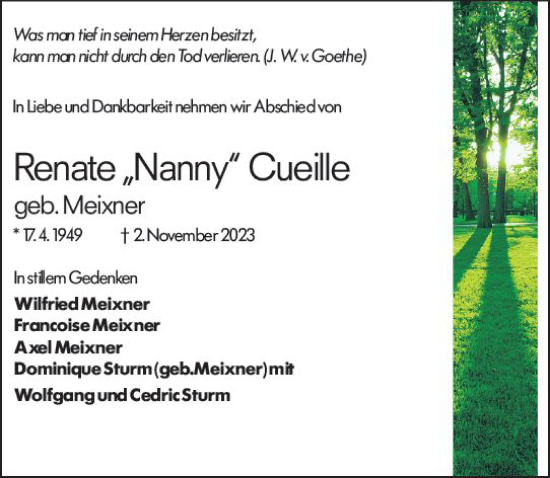 Traueranzeige von Renate  Cueille von Hinterländer Anzeiger