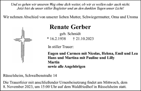 Traueranzeige von Renate Gerber von Rüsselsheimer Echo