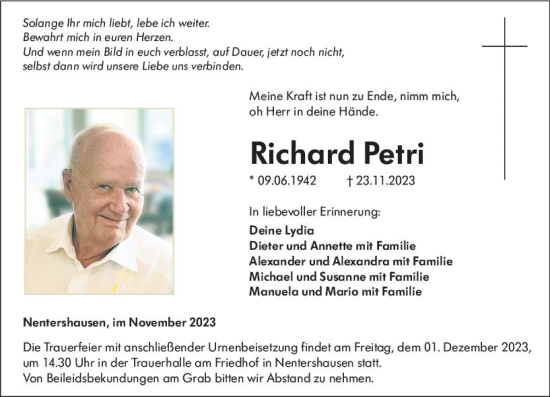 Traueranzeige von Richard Petri von Nassauische Neue Presse