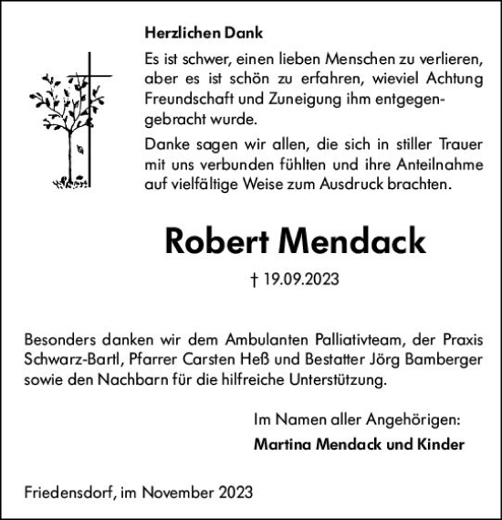 Traueranzeige von Robert Mendack von Hinterländer Anzeiger