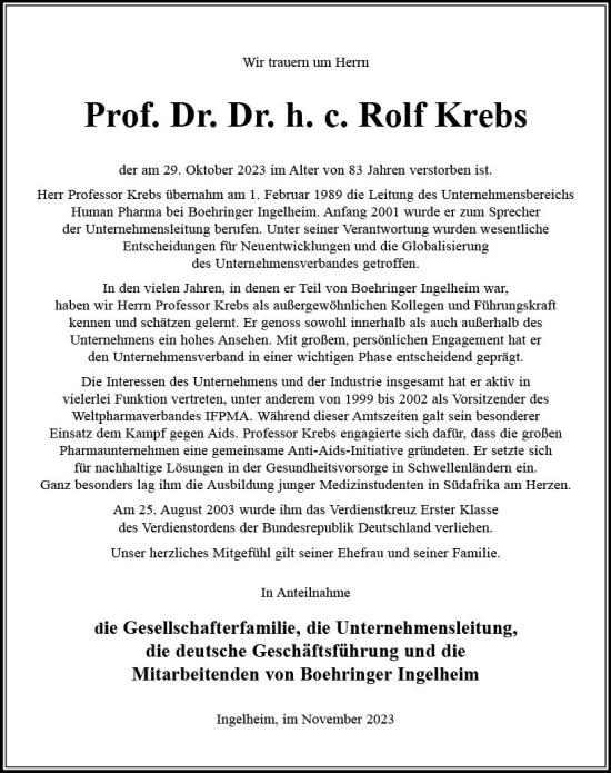 Traueranzeige von Rolf Krebs von Allgemeine Zeitung Bingen/Ingelheim