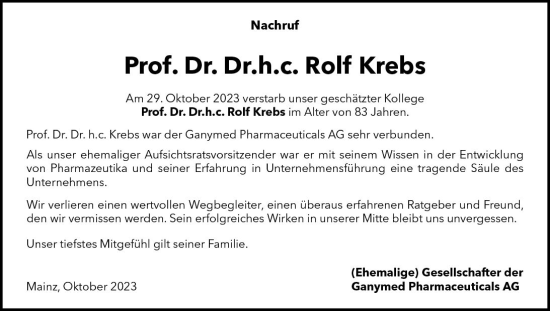 Traueranzeige von Rolf Krebs von Allgemeine Zeitung Mainz