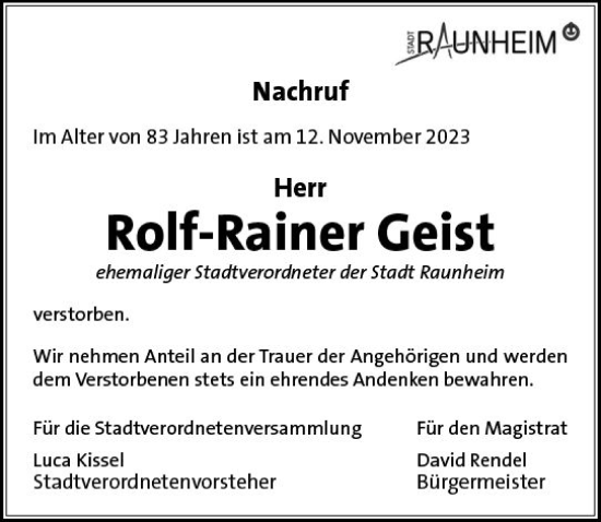 Traueranzeige von Rolf-Rainer Geist von Rüsselsheimer Echo
