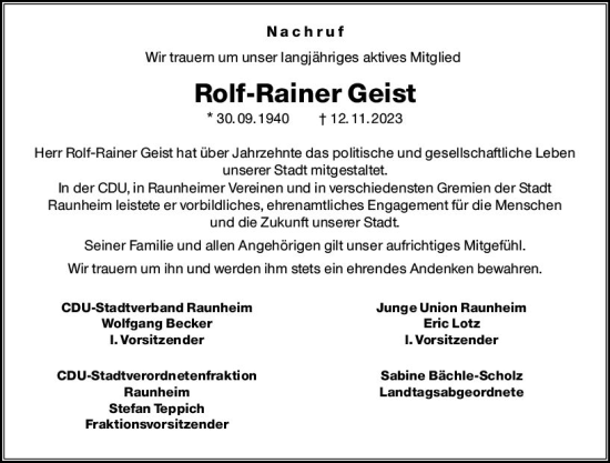 Traueranzeige von Rolf-Rainer Geist von Rüsselsheimer Echo