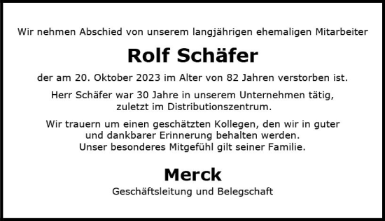 Traueranzeige von Rolf Schäfer von Darmstädter Echo