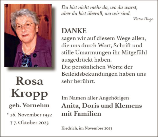 Traueranzeige von Rosa Kropp von Rheingau Kurier