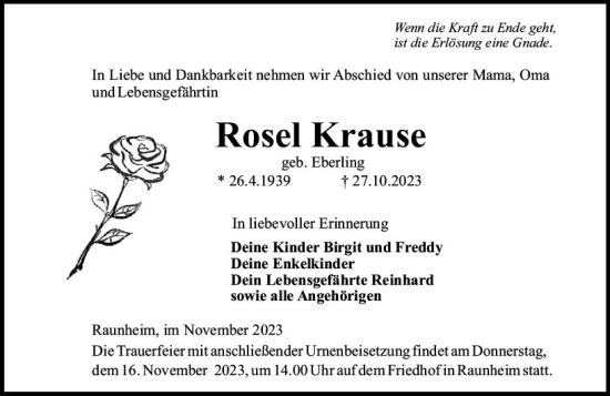 Traueranzeige von Rosel Krause von Rüsselsheimer Echo