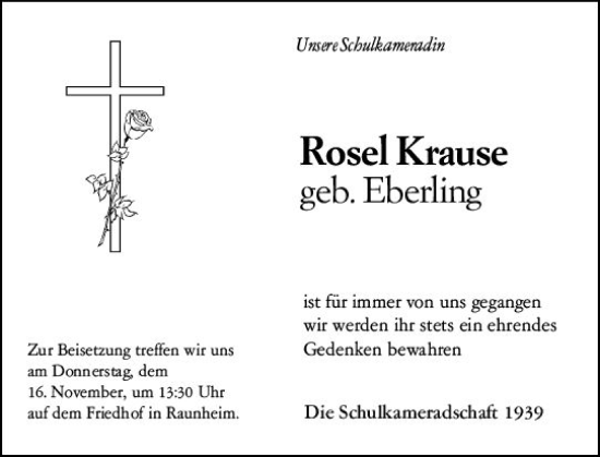Traueranzeige von Rosel Krause von Rüsselsheimer Echo