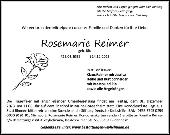 Traueranzeige von Rosemarie Reimer von Allgemeine Zeitung Mainz