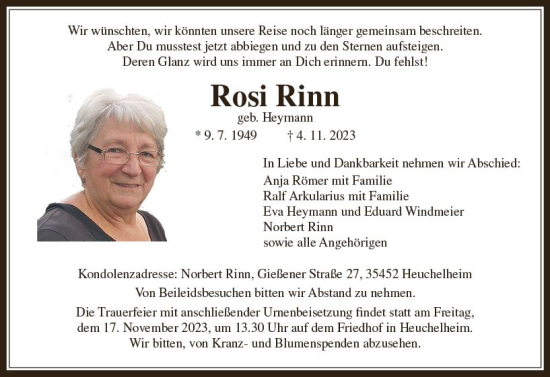 Traueranzeige von Rosi Rinn von Hinterländer Anzeiger