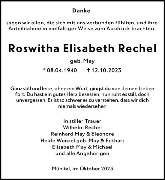 Traueranzeige von Roswitha Elisabeth Rechel von Darmstädter Echo