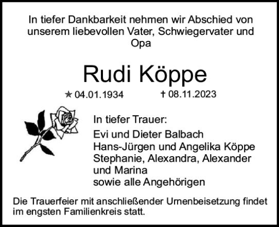 Traueranzeige von Rudi Köppe von Allgemeine Zeitung Mainz