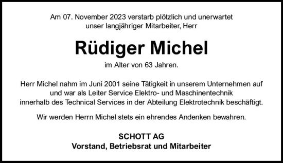Traueranzeige von Rüdiger Michel von Allgemeine Zeitung Mainz