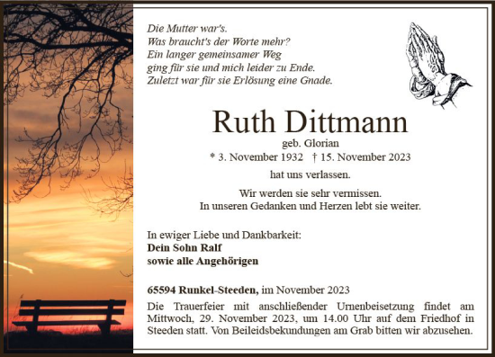 Traueranzeige von Ruth Dittmann von Nassauische Neue Presse
