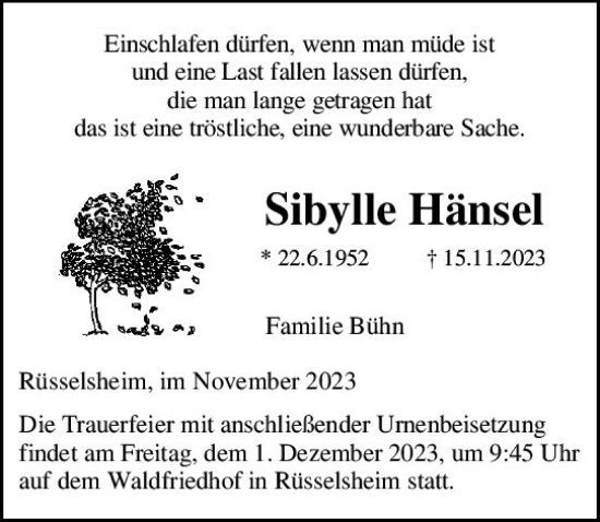 Traueranzeige von Sibylle Hänsel von Rüsselsheimer Echo