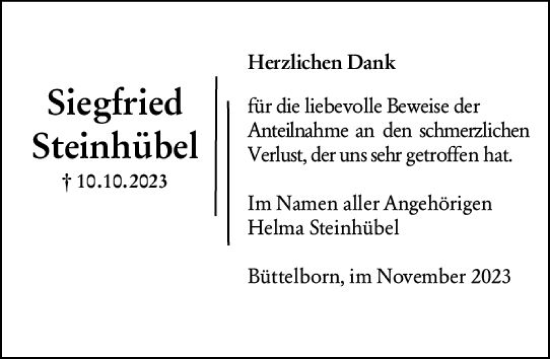 Traueranzeige von Siegfried Steinhübel von Groß-Gerauer Echo