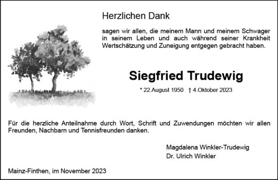 Traueranzeige von Siegfried Trudewig von Allgemeine Zeitung Mainz