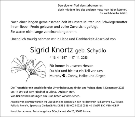 Traueranzeige von Sigrid Knortz von Wetzlarer Neue Zeitung
