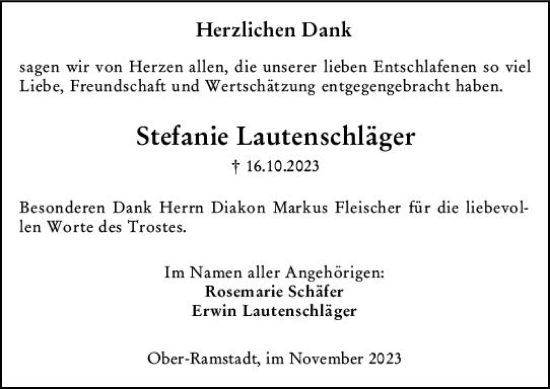 Traueranzeige von Stefanie Lautenschläger von Darmstädter Echo
