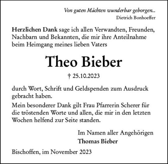 Traueranzeige von Theo Bieber von Dill Block