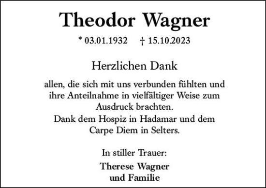 Traueranzeige von Theodor Wagner von Camberger Anzeiger