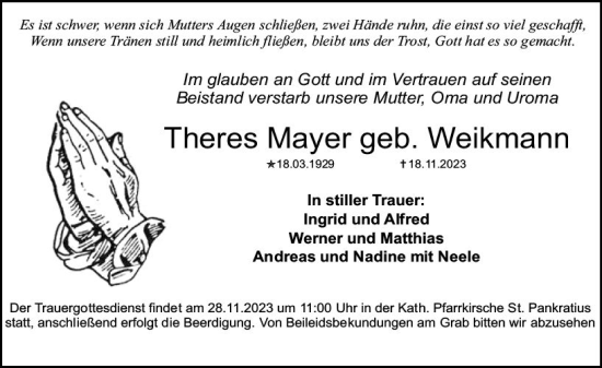 Traueranzeige von Theres Mayer von Allgemeine Zeitung Mainz