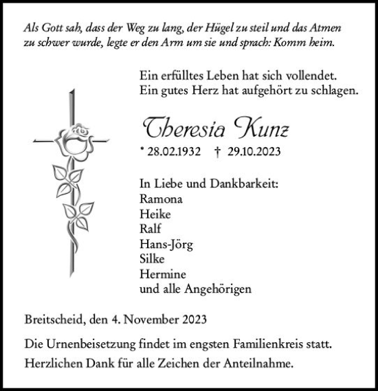 Traueranzeige von Theresia Kunz von Dill Block