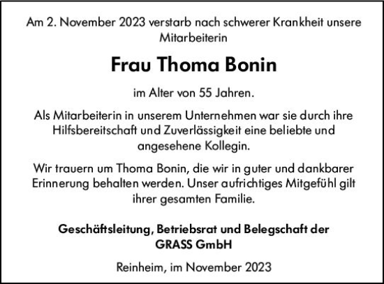 Traueranzeige von Thoma Bonin von Darmstädter Echo