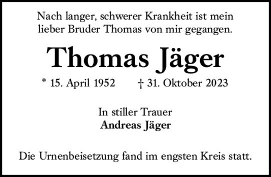 Traueranzeige von Thomas Jäger von Wiesbadener Kurier