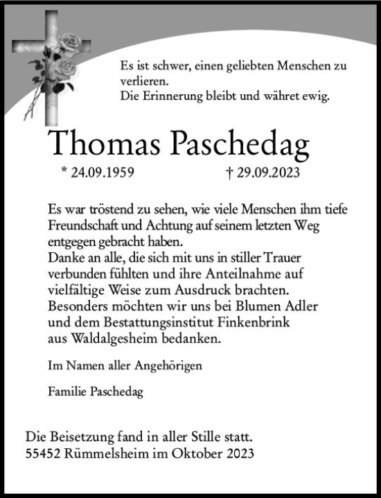 Traueranzeige von Thomas Paschedag von Bingen/Ingelheim WOBL inkl. Neue Binger Ztg.