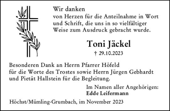 Traueranzeige von Toni Jäckel von Odenwälder Echo