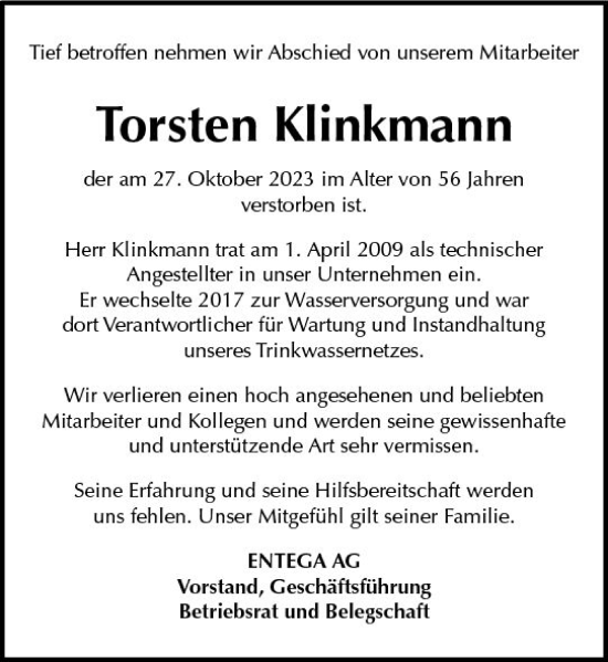 Traueranzeige von Torsten Klinkmann von Odenwälder Echo
