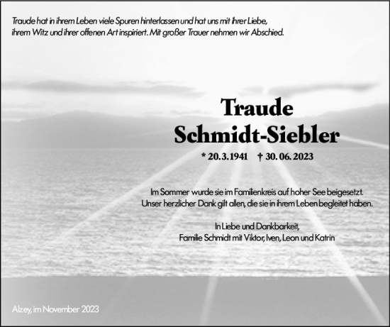 Traueranzeige von Traude Schmidt-Siebler von Allgemeine Zeitung Alzey