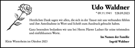 Traueranzeige von Udo Waldner von Allgemeine Zeitung Mainz