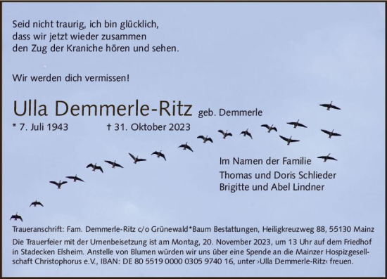Traueranzeige von Ulla Demmerle-Ritz von Allgemeine Zeitung Mainz