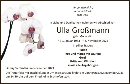 Traueranzeige von Ulla Großmann von Nassauische Neue Presse
