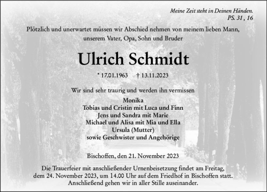 Traueranzeige von Ulrich Schmidt von Hinterländer Anzeiger