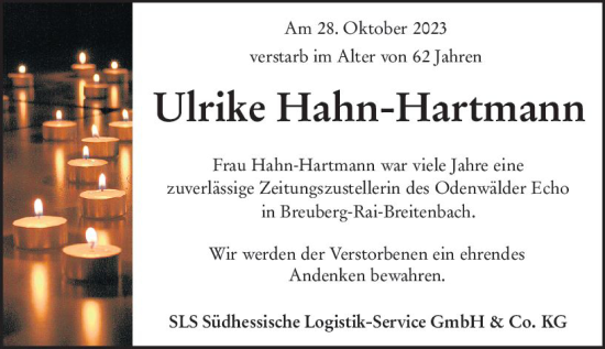 Traueranzeige von Ulrike Hahn-Hartmann von Odenwälder Echo