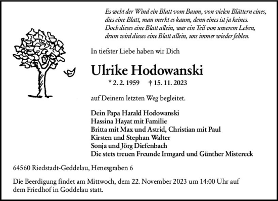 Traueranzeige von Ulrike Hodowanski von Groß-Gerauer Echo