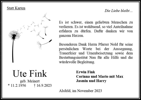 Traueranzeige von Ute Fink von Oberhessen Kurier