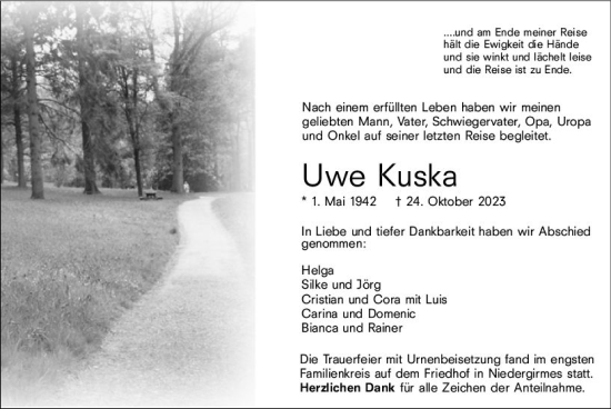 Traueranzeige von Uwe Kuska von Wetzlarer Neue Zeitung