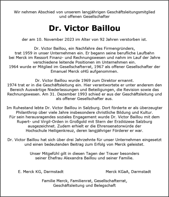 Traueranzeige von Victor Baillou von Darmstädter Echo