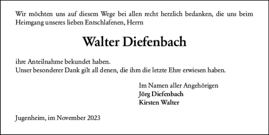 Traueranzeige von Walter Diefenbach von Darmstädter Echo